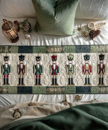 Whimsical Nutcracker Parade Quilted Bed Runner - Festive Holiday Bed Scarf For Queen & King Beds, Premium Cotton