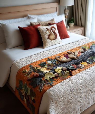 Nutty Autumn Fun Quilted Bed Scarf For Queen & King — Playful Squirrel Bedding Accent, Warm Fall Colors, Machine Washable
