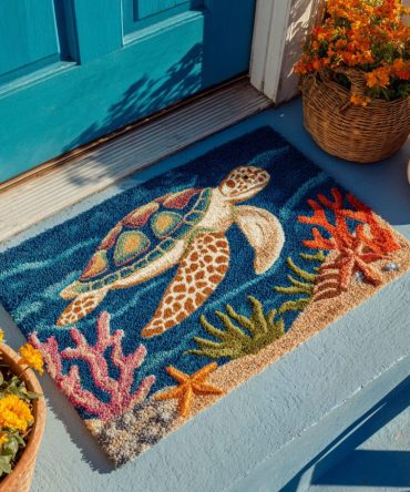 Ocean Blossom Turtle Doormat — Tropical Sea Turtle Welcome Rug, Durable Outdoor/Indoor Entry Mat For Beach Homes & Nautical Decor Lovers