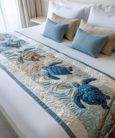 Ocean-Themed Quilted Bed Runner — Deep Sea Accent With Luxe Texture, Reversible Cotton-Blend Design For Coastal & Nautical Bedrooms