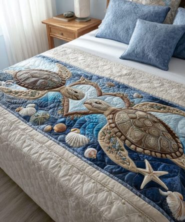 Coastal Heart-Print Quilted Bed Runner - Premium Ocean-Inspired Decorative Bed Scarf, Reversible Cotton Blend, Machine-Washable Accent For Bedrooms