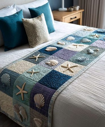 Ocean Keepsakes Quilted Bed Runner — Vintage Nautical Bed Scarf, Soft Cotton-Blend, Reversible Accent For Beachy Bedrooms, Queen/King