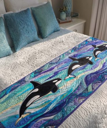 Orca Ocean Quilted Bed Runner — Bold Nautical Bed Scarf With Orca Motif For Coastal Bedrooms, Soft & Durable