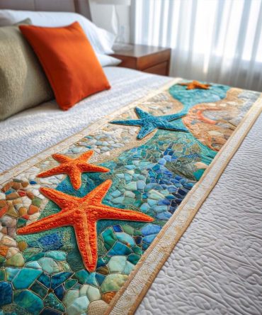 Ocean Stars Quilted Bed Runner — Nautical Blue Star Pattern Decorative Runner For Coastal Bedrooms, Soft Quilting To Upgrade Queen & King Beds