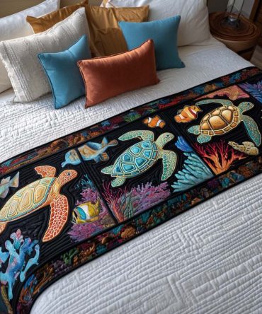 Ocean Turtle Waves Quilted Bed Runner — Nautical Wave Pattern With Turtle Accents, Durable Cotton-Blend, Reversible & Easy-Care