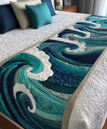 Ocean Waves Quilted Bed Runner - Nautical Wave-Pattern Bedding Accent, Reversible Lightweight Throw To Enhance Beach House & Coastal Bedroom Design