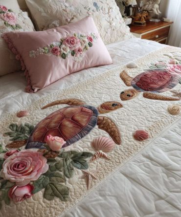 Ocean Whispers Quilted Bed Runner - Serene Blue Coastal Bed Scarf For Queen & King Beds, Hand-Quilted Bedroom Accent