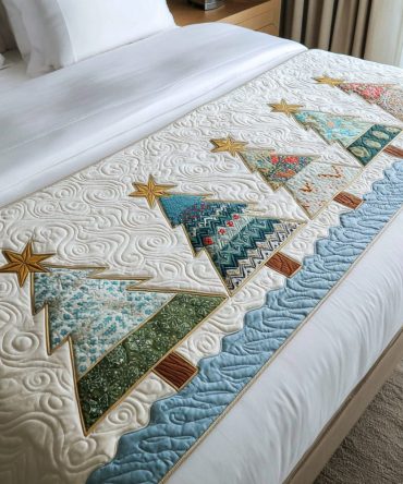Oceanic Christmas Tree Quilted Bed Runner - Coastal Holiday Bed Scarf With Nautical Tree Design, Lightweight Reversible Winter Accent