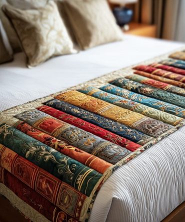Old Book Haven Quilted Bed Runner - Vintage Library Print Bed Scarf With Timeless Charm, Soft Quilting, Elegant Accent For Cozy Studies & Bedrooms