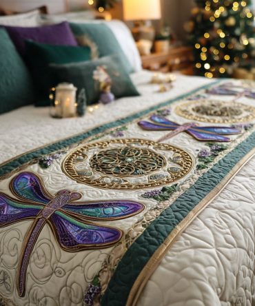 Opal Wings Quilted Bed Runner — Iridescent-Toned Decorative Runner With Delicate Wing Motif, Reversible Cotton-Blend Accent For King & Queen Beds