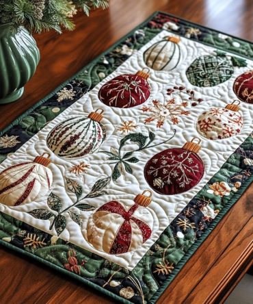 Ornament Bliss Quilted Placemat — Festive Holiday Ornament Pattern, Durable Padded Cotton, Machine-Washable & Heat-Resistant Table Accent