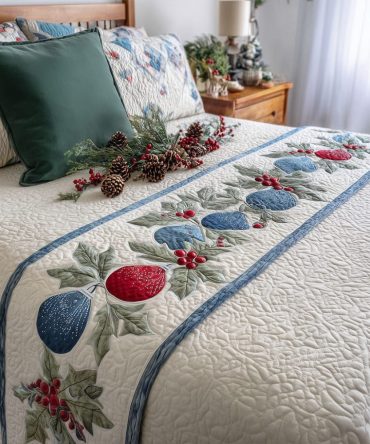 Ornament Glow Quilted Bed Runner — Shimmering Ornament Bed Scarf For Festive Holiday Décor, Quilted Metallic Embellished Accent