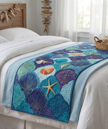 Pacific Tidepool Heritage Quilted Bed Runner — Tidepool Shell & Starfish Bedding Accent, Quilted Coastal Throw For Seaside Homes, Easy Care