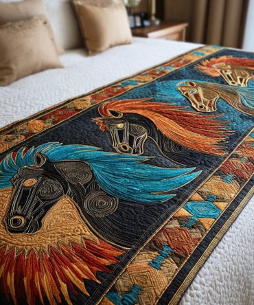 Painted Horse Spirit Southwestern Quilted Bed Runner — Hand-Painted Equestrian Decorative Scarf For Rustic, Boho & Western Bedrooms