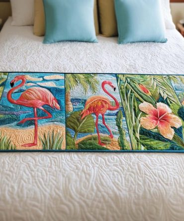 Paradise Walk Quilted Bed Runner — Lush Botanical Bed Scarf For Tropical Bedroom Makeovers, Soft Quilted Accent Throw
