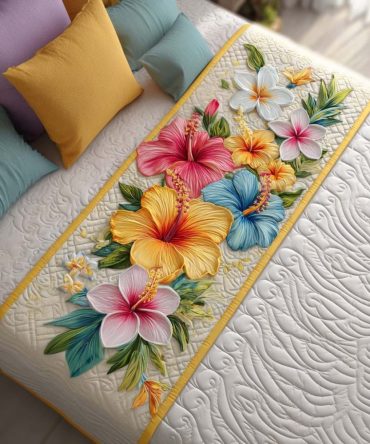Soft Pastel Hibiscus Quilted Bed Runner , Tropical Floral Bedroom Accent For Queen & King Beds, Reversible, Machine-Washable