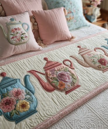 Pastel Tea Dream Quilted Bed Runner — Soft Pastel Floral Bed Scarf, Lightweight Quilting, Serene Accent For Calming Bedrooms
