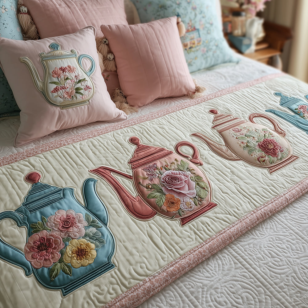 Pastel Tea Dream Quilted Bed Runner — Soft Pastel Floral Bed Scarf, Lightweight Quilting, Serene Accent For Calming Bedrooms