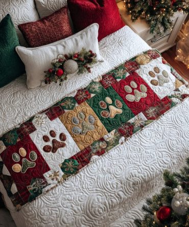Patch Pawlane Quilted Bed Runner — Eclectic Patchwork Bed Runner With Paw Details For Cozy, Textured Bedroom Accents