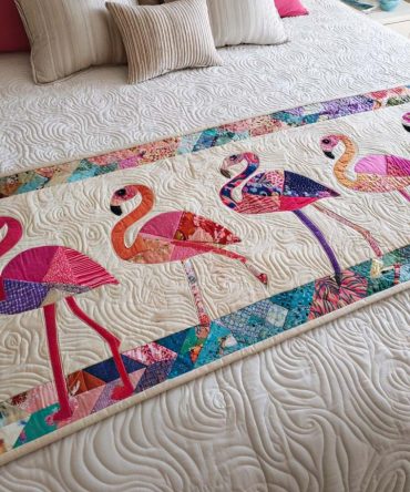 Patchwork Flamingo Quilted Bed Runner — Playful Flamingo Patchwork Bed Scarf, Tropical Accent Throw For Colorful Bedrooms