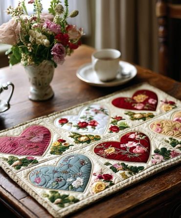 Patchwork Hearts Quilted Place Mat — Colorful Heart Patchwork Table Mat, Cozy Cotton Quilting for Families, Playful & Durable Everyday Dining Accessory