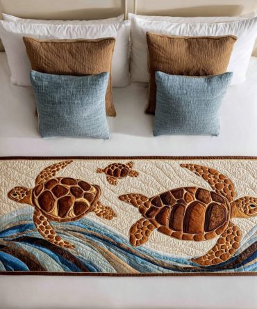 Patchy Turtle Quilted Bed Runner – Artistic Sea Turtle Design For Beachy Bedrooms & Kids’ Spaces, Soft Cotton-Blend, Machine Washable