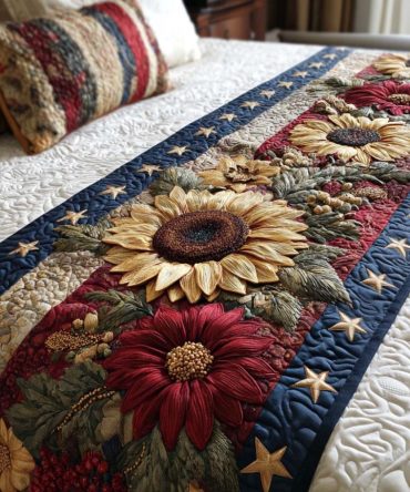 Patriot Petals Decorative Quilted Bed Scarf — Soft Floral & Flag-Themed Accent For Patriotic, Cottage, And Coastal Bedrooms