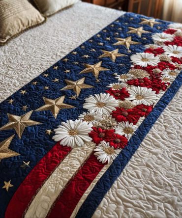 Patriotic Bloom Floral Bed Scarf — Quilted Americana Patchwork Accent For Holiday Bedding & Stylish Red White Blue Bedrooms