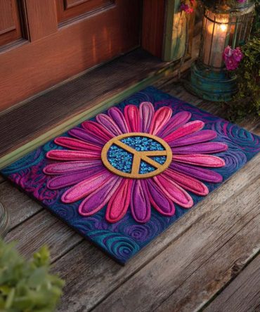 Peace Flower Bloom Front Door Mat – Vibrant Floral Welcome Rug, Durable Outdoor Coir Doormat, Boho Porch Decor & Housewarming Gift