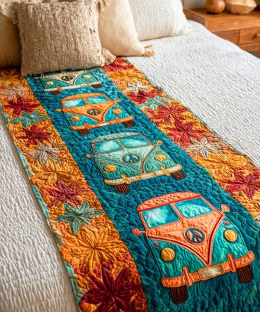 Peace Truck Ride Quilted Bed Runner – Charming Truck Motif Bed Scarf For Cozy, Playful Bedrooms , Lightweight Quilted Throw