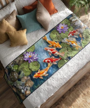 Peaceful Koi Hand-Stitched Quilted Bed Runner — Elegant Koi Pond Design, Cotton Blend Decorative Runner For Tranquil Bedrooms