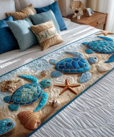 Peaceful Turtle Cove Quilted Bed Runner — Coastal Turtle & Cove Motif Decorative Bed Scarf, Serene Quilted Accent For Beach-Themed Bedrooms