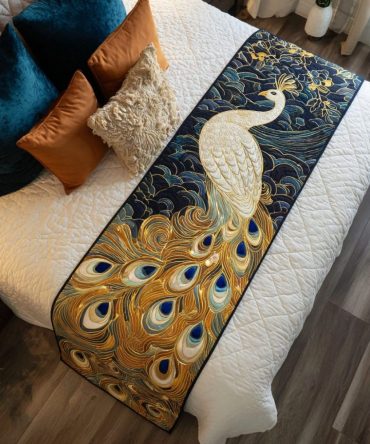 Peacock Aura Quilted Bed Runner — Luxe Jewel-Toned Bed Scarf With Intricate Feather Motifs, Hand-Quilted Cotton Accent