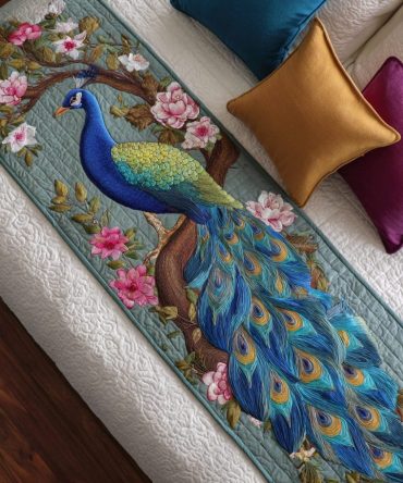 Peacock Bliss Quilted Bed Runner — Elegant Jewel-Tone Bedding Accent, Luxurious Peacock Motif Throw For Master & Guest Rooms