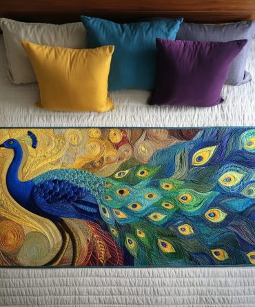 Peacock Charm Quilted Bed Runner — Stylish Peacock Pattern Throw, Vibrant Quilted Bed Scarf To Transform Any Bedroom Look