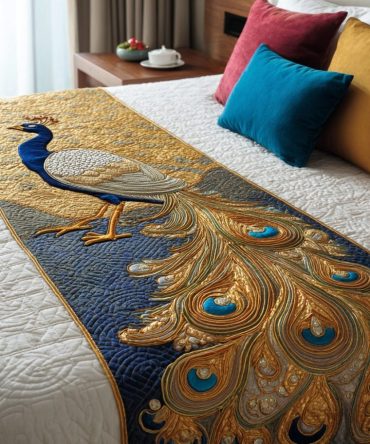 Peacock Feather Quilted Bed Runner - Elegant Boho Decorative Bed Scarf With Vibrant Teal & Gold, Perfect Gift For Home