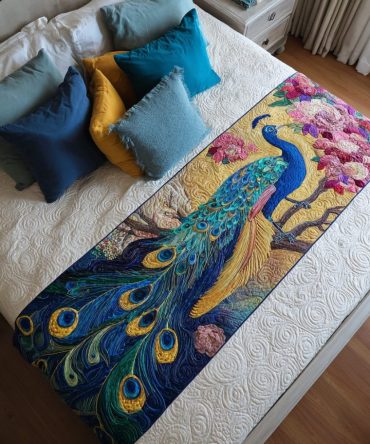 Peacock Glow Quilted Bed Runner — Luxe Peacock Feather Design Decorative Bed Scarf For Glam Bedrooms, Quilted Accent, Reversible