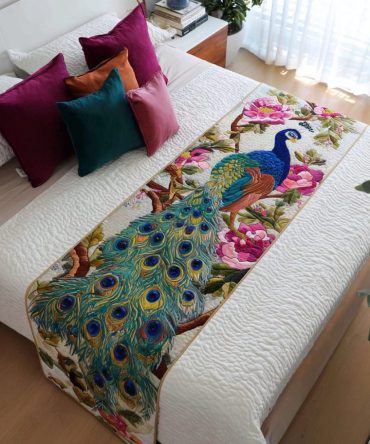 Peacock Grace Quilted Bed Scarf - Vibrant Peacock Feather Bed Runner, Luxury Quilted Accent, Reversible Cotton-Blend, Statement Bedroom Piece