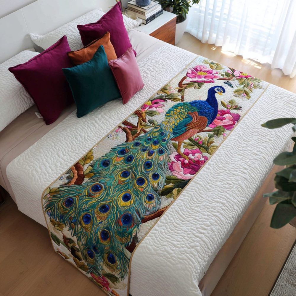 Peacock Grace Quilted Bed Scarf - Vibrant Peacock Feather Bed Runner, Luxury Quilted Accent, Reversible Cotton-Blend, Statement Bedroom Piece