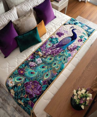 Peacock Whirl Quilted Bed Runner — Bold Peacock Feather Accent Throw, Vibrant Blue-Green Quilted Bed Scarf For Statement Bedrooms
