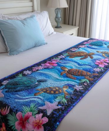 Peekaboo Shell Quilted Bed Scarf — Playful Shell Accent Bed Runner For Coastal & Nautical Bedrooms, Reversible, Easy Care Fabric