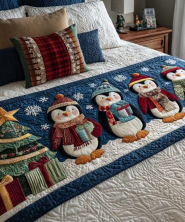 Penguin Cheer Quilted Bed Runner - Festive Penguins Bedding Accent With Quilted Texture, Reversible Design For Queen & King Beds, Joyful Holiday Decor