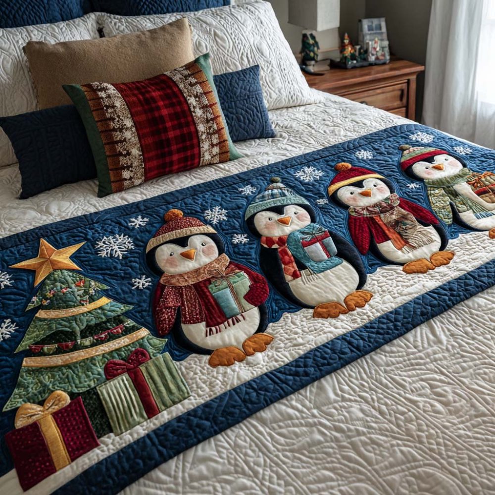 Penguin Cheer Quilted Bed Runner - Festive Penguins Bedding Accent With Quilted Texture, Reversible Design For Queen & King Beds, Joyful Holiday Decor