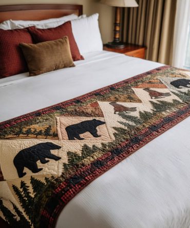 Rustic Pine Trail Bear Quilted Bed Runner - Luxury Cabin Throw For Queen & King Beds, Reversible, Machine-Washable Accent