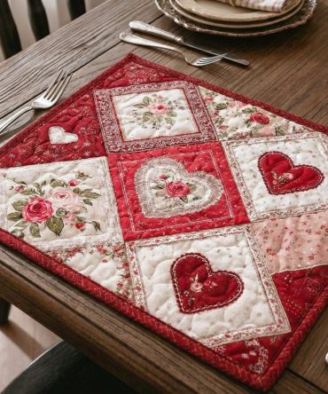 Pink Blossom Heart Quilted Place Mat — Charming Pink Floral & Heart Quilted Dining Mat, Soft Cotton, Feminine Touch for Bridal Showers & Everyday Tables