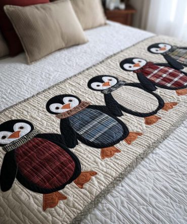 Plaid Penguins Quilted Bed Runner - Cozy Plaid & Penguin Holiday Bedding Accent, Reversible Quilted Throw For Queen & King Beds, Rustic Charm