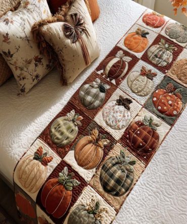 Plaid Pumpkin Patch Festive Quilted Bed Runner — Autumn Plaid Bed Scarf With Pumpkin Motif, Cozy Cotton For Fall Bedroom Decor