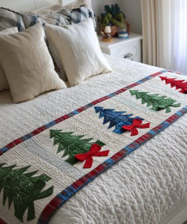 Plaid Trees Quilted Bed Runner — Classic Holiday Plaid & Evergreen Accent Runner, Soft Cotton-Blend, Reversible & Easy Care