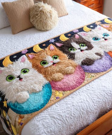 Playful Whiskers Quilted Bed Runner — Cute Kitten Motif Cotton Throw For Bed, Sofa & Guest Rooms , Reversible, Durable, Washable