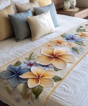 Plumeria Garden Quilted Bed Runner — Tropical Plumeria Floral Bedding Accent, Soft Quilted Scarf For Island-Inspired Home & Guest Rooms